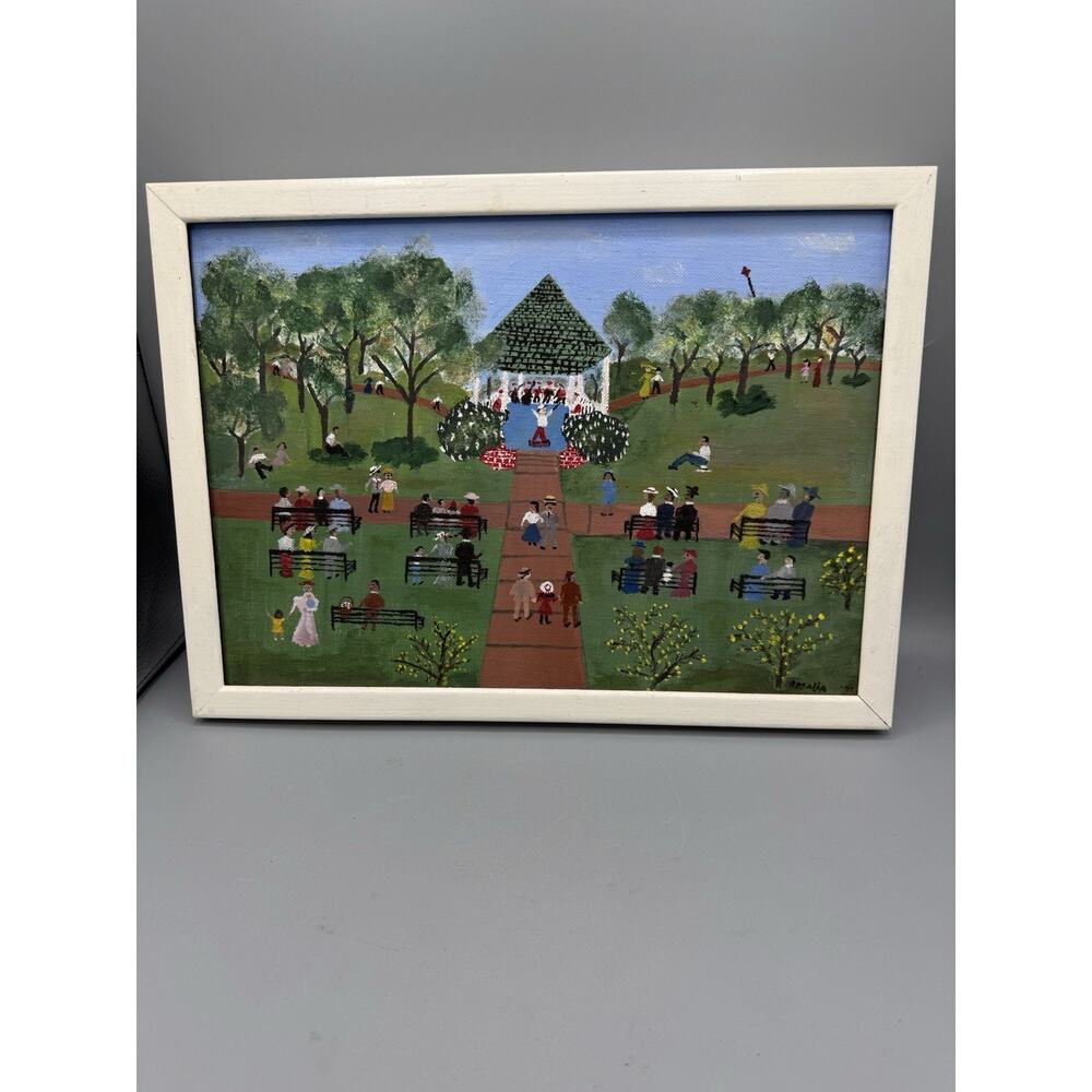 Vintage 1971 Folk Art Park Gazebo Scene Signed Rosalia Framed Canvas Painting
